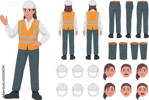 Illustration of a female construction worker with various poses and equipment options shown around