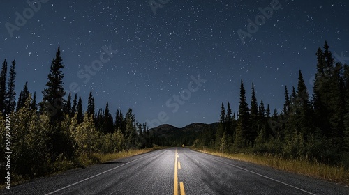 Road stretches through forest under dark starry sky illuminated by car headlights.