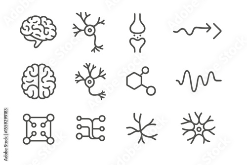Neural network icons with brain and neuron illustrations on dark background