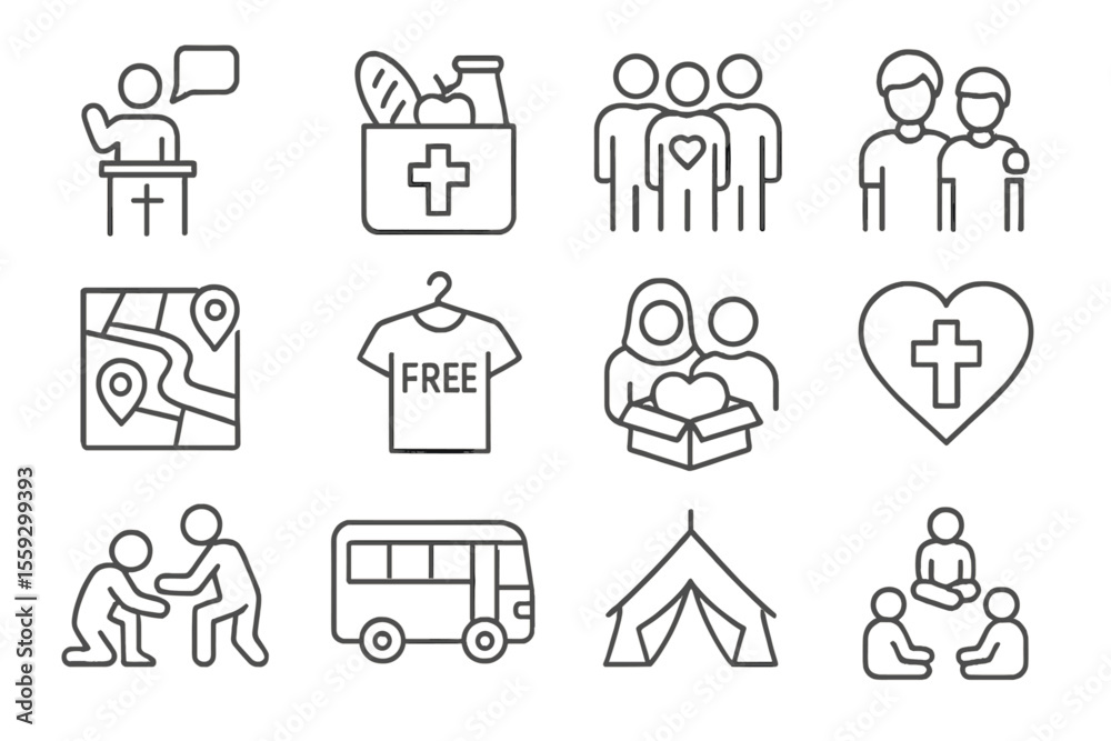 Fototapeta premium Humanitarian aid icons with figures, boxes, maps, and bus