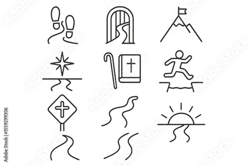 Minimalist religious symbols outline on dark background