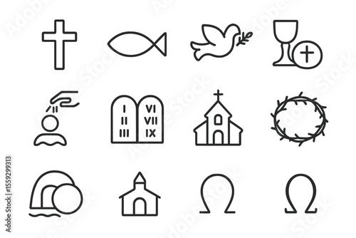 Set of christian symbols on dark background: fish, dove, cross, chalice, church