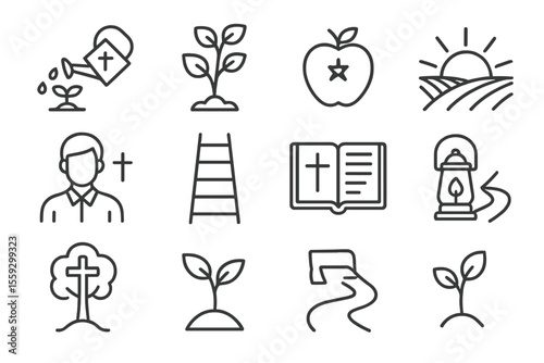 Monochrome religious icon set featuring plants, bible, and road symbols
