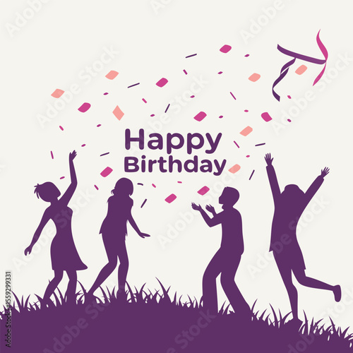 Purple Silhouette People Throwing Pink Confetti Happy Birthday Grass silhouettes