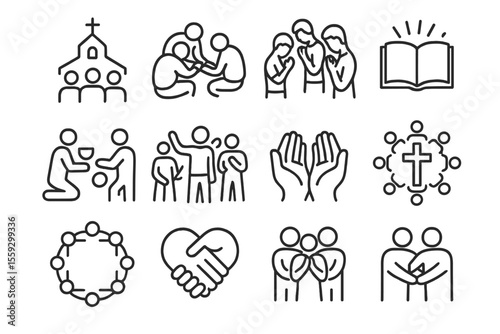 Minimalist icons of worship and community with diverse people