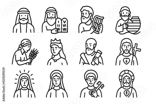 Biblical figures icons set featuring diverse figures and religious symbols