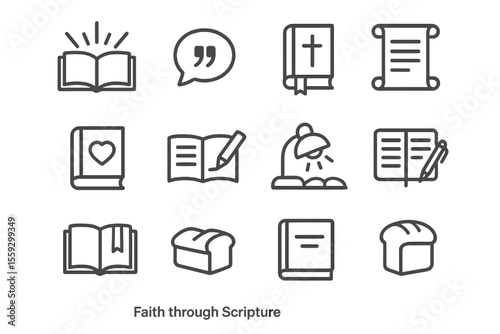 Inspirational icons representing faith, scripture, and study themes