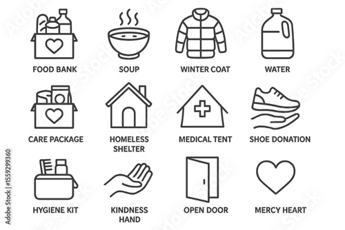 Charity symbols including food bank, shelter, and medical tent icons