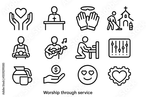 Symbols of worship and service: community, music, prayer, love, help