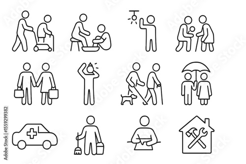 Simple icons representing elderly care and community support services