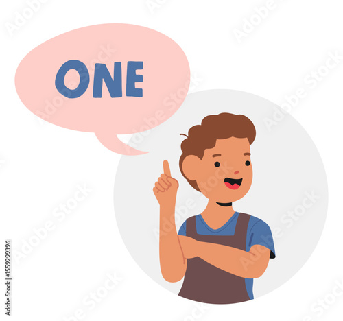 Happy joyful kid preschool boy cartoon character counting one round portrait with text speech bubble