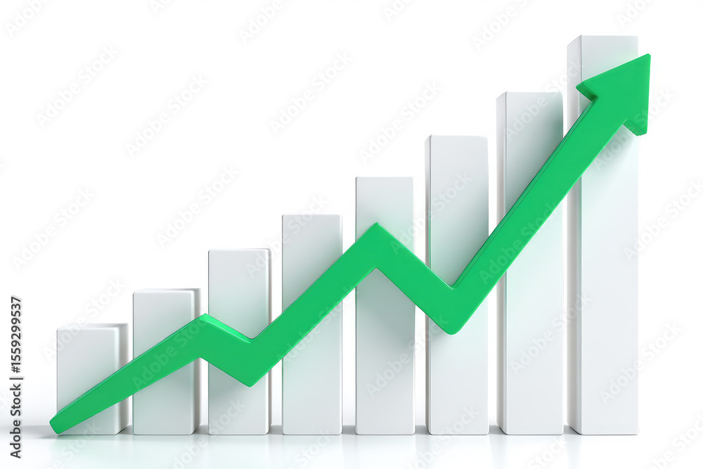 Ascending Bar Graph with Green Arrow Illustrating Growth and Progress in Business and Finance, Representing Positive Trends and Upward Trajectory on White Backdrop Ascending Bar Graph with Green Arrow Illustrating Growth and Progress in Business and Finance, Representing Positive Trends and Upward Trajectory on White Backdrop