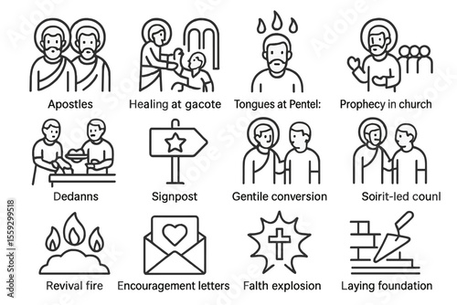 Icon set depicting christian religious scenes and symbols in minimalist style