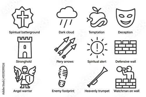 Spiritual symbols: cross, cloud, apple, mask, castle, arrows, bell, wall