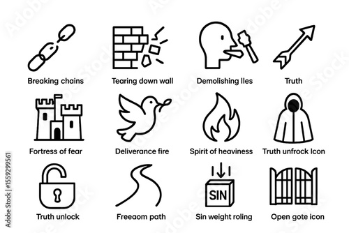 Icon set representing freedom, truth, and transformation