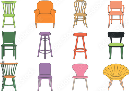 Illustration of twelve different chairs and stools in various colors arranged on a white background