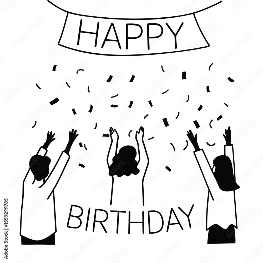Fototapeta premium Three Silhouettes Celebrating Birthday Confetti Black White Illustration Happy Birthday Banner