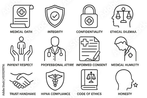 Medical ethics icons: integrity, consent, confidentiality, trust, honesty