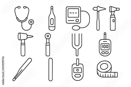 Medical instruments icons - stethoscope, thermometer, blood pressure monitor