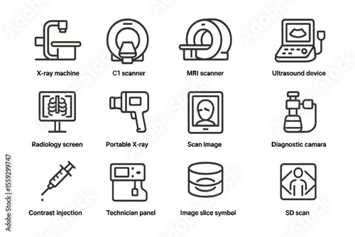 Medical imaging icons: mri, ultrasound, x-ray, ct scanner, diagnostic tools