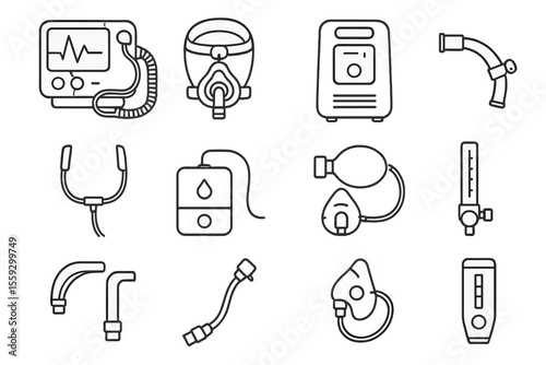 Medical equipment icons: monitor, mask, defibrillator, stethoscope, infusion pump