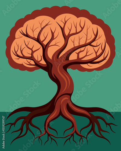 A twisted gnarled tree with a persons brain ped in its roots symbolizing the deep roots of mental enslavement.. Vector illustration