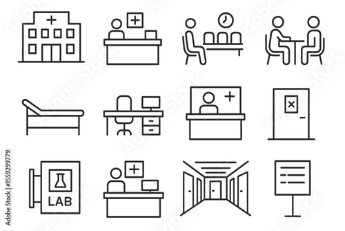 Medical icons set showing hospital, office, lab, and waiting room symbols
