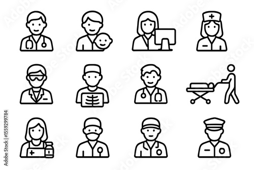 Medical professions icons including doctors and nurses on black background