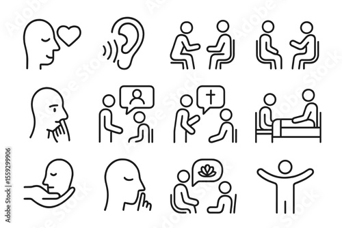 Mental health counseling icons with listening and supportive gestures