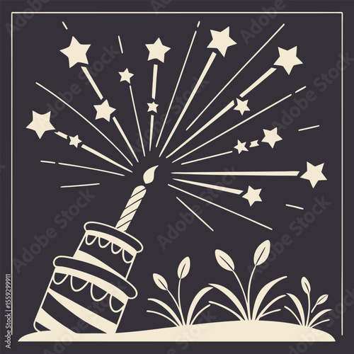 Birthday Cake Silhouette with Lit Candle and Starburst Sparkler Design on Dark Background