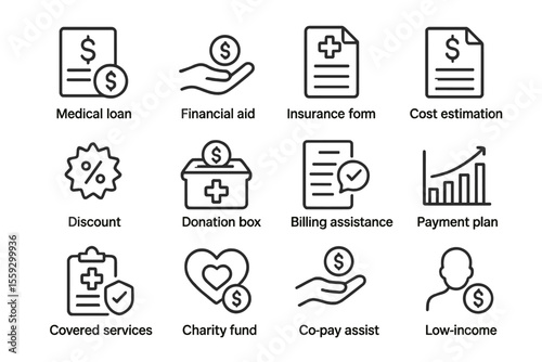 Financial aid and assistance icons for loan, insurance, and donation services