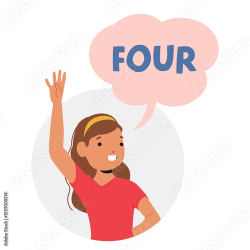 Girl preschool cartoon character round portrait with text learning counting four education print