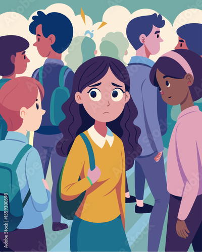 As she walked through the crowded street the teenager could hear the whispers and snickers from her classmates perpetuating the negative loop of bullying and insecurity.. Vector illustration