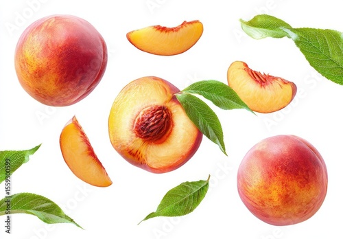 Fresh peach with a green leaf and sliced pieces arranged in a top view pattern on a white background, showcasing vibrant colors and textures.