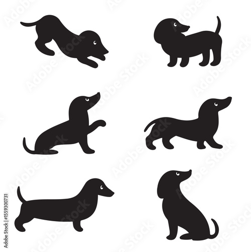 Set of cute purebred dachshund dogs in different poses. Cartoon style Silhouette Pro Vector