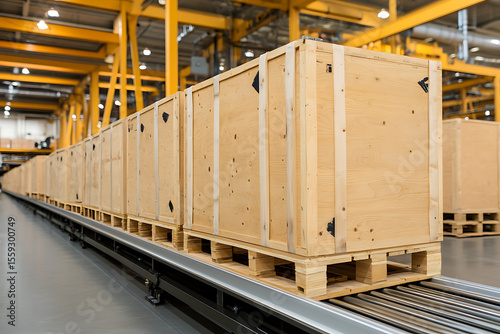 Wooden crates on a conveyor belt system in a manufacturing warehouse, ready for distribution or shipment.
