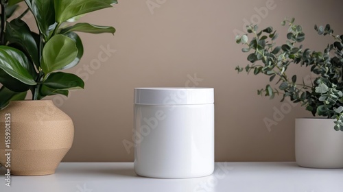 White Product Container Between Potted Plants On White Surface Against Neutral Background
