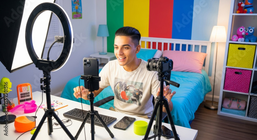 Young male content creator streaming with professional camera and ring light setup in colorful bedroom. Teen influencer recording video with multiple cameras and lighting equipment at home studio.