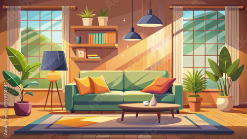 
A modern living room interior featuring a stylish, comfortable sofa bathed in natural light, complemented by soft cushions, minimalist decor, warm wooden flooring, and elegant lighting for a cozy, re