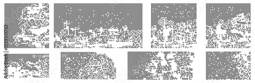  Pixel disintegration effect .Dispersed pixel background set gradient disintegration and geometric transition shapes illustation.Vector