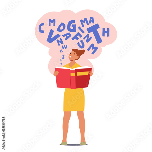 Young woman cartoon character having problem in reading and learning due to dysgraphia and dyslexia