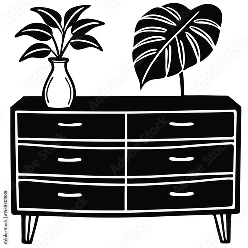 a minimalist line drawing of a mid-century modern dresser with six drawers 