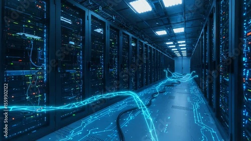 High-tech server room with glowing data cables flowing