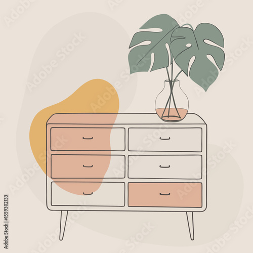 a minimalist line drawing of a mid-century modern dresser with six drawers 