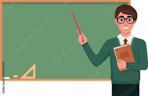 Male Teacher Explaining at Chalkboard with Pointer and Book