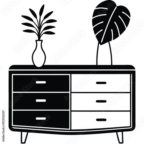 a minimalist line drawing of a mid-century modern dresser with six drawers 