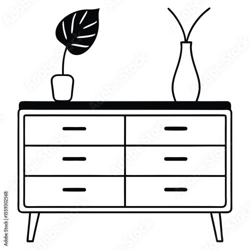 a minimalist line drawing of a mid-century modern dresser with six drawers 