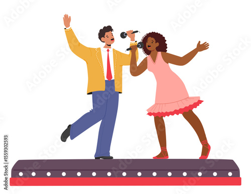 Talented man and woman singing together performing on scene with song during vocal music show