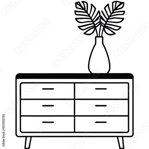 a minimalist line drawing of a mid-century modern dresser with six drawers 