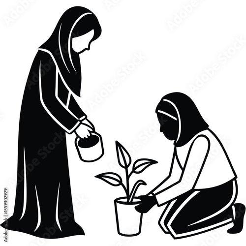 a minimalist line drawing of a Muslim mother and child gardening